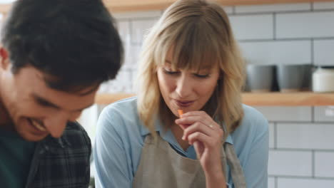 healthy, carrot and diet couple eating cooking