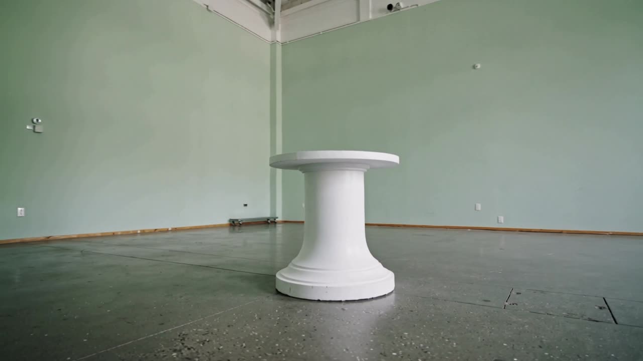 Kamera trækkes tilbage og afslører en spolepiedestal centreret på et betongulv, der eksponerer en dolly og kabelrør.