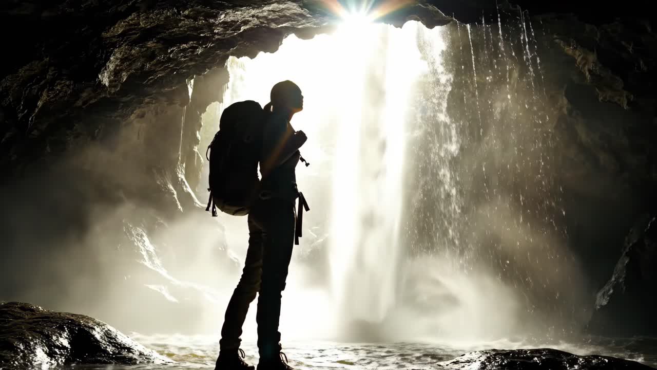 Hiker in a Cave with Waterfall