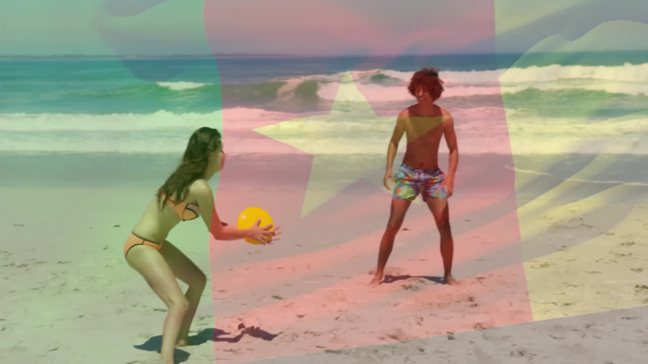 Two people playing frisbee on beach with colorful star overlay animation