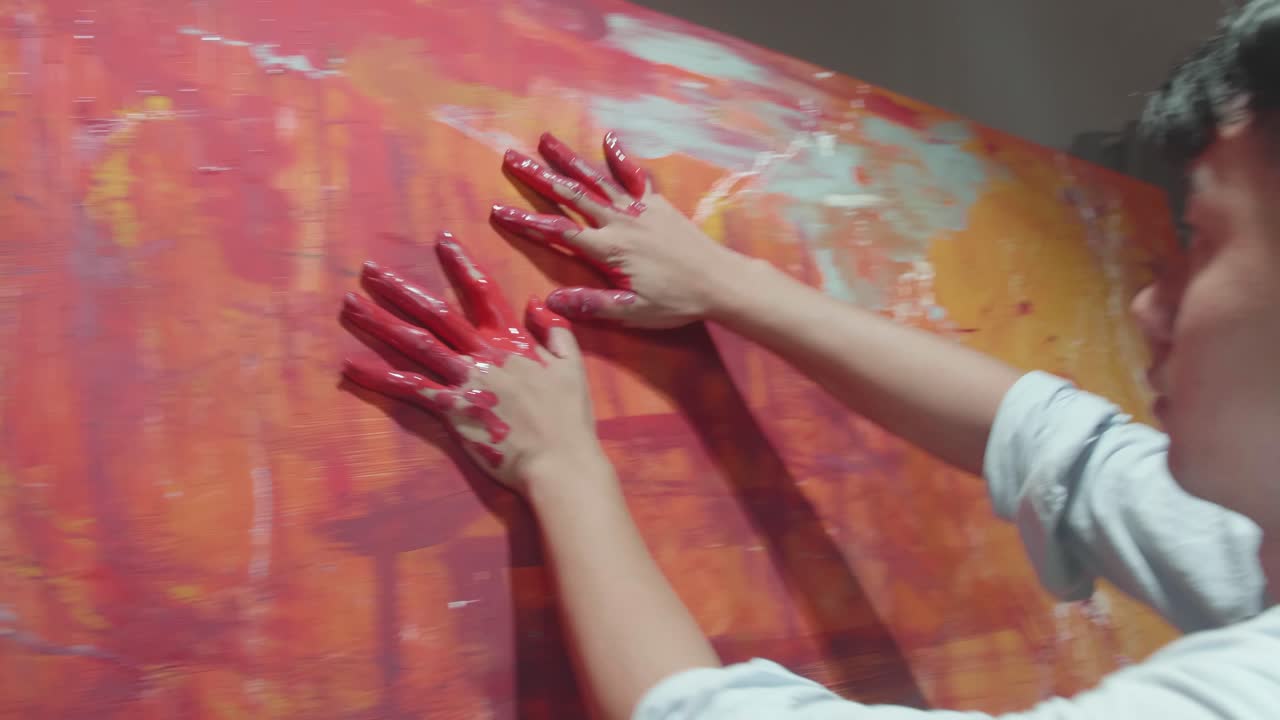 Using Hands Creates Colorful, Emotional, Sensual Painting. Contemporary Painter Creating Abstract Modern Art