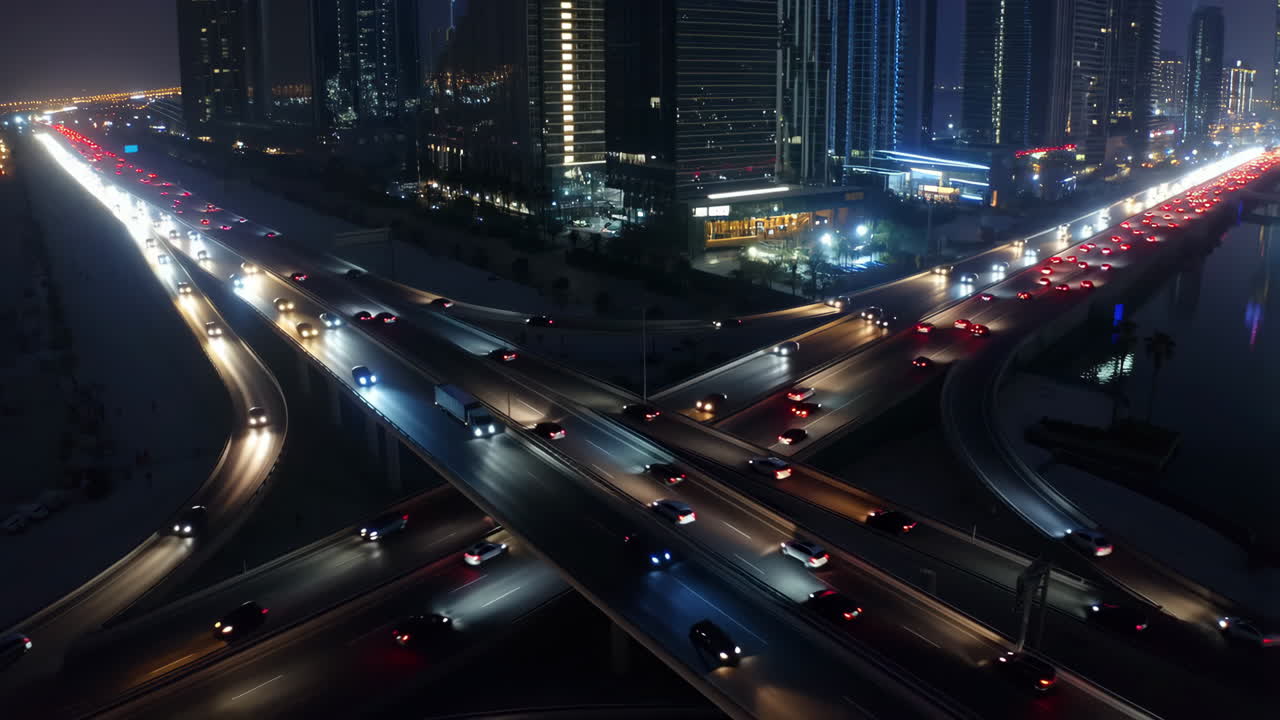 Aerial View of a Busy City Highway Interchange at Night
