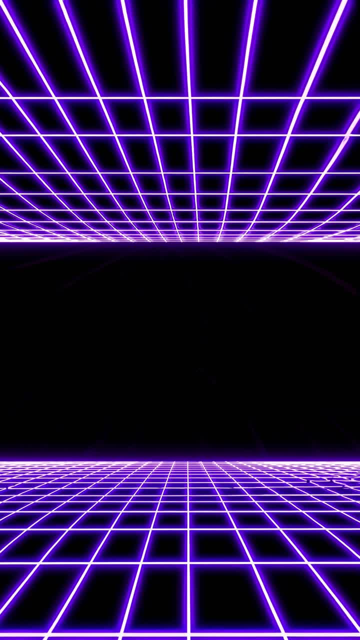 Futuristic video concept with a neon grid in purple, creating a tunnel effect