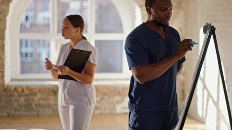 Ein-Professionelles-Krankenschwestermädchen-In-Weißer-Medizinischer-Uniform-Leitet-Die-Medizinische-Ausbildung,-Während-Ein-Schwarzer-Mann-In-Blauer-Medizinischer-Uniform-Informationen-Mit-Filzstift-Auf-Leinwand-Aufzeichnet