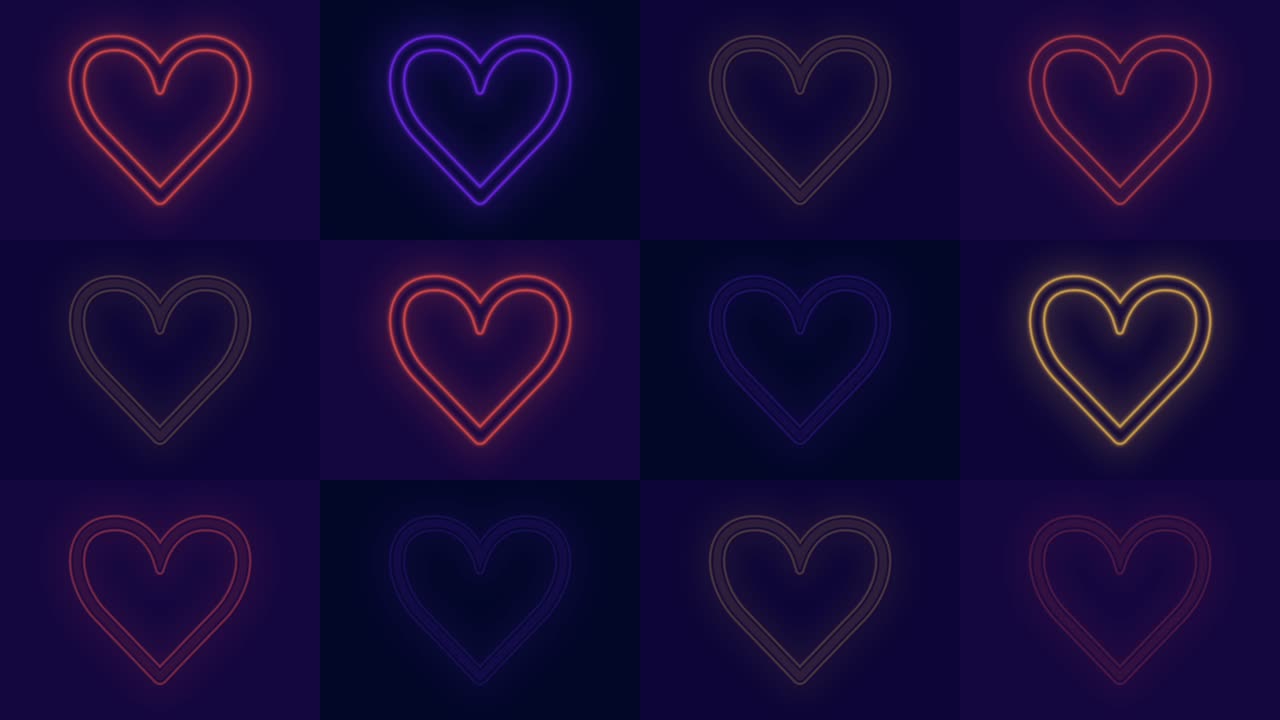 Hearts pattern with pulsing neon rainbow light