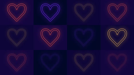 patrón de corazones con luz de arco iris de neón pulsante
