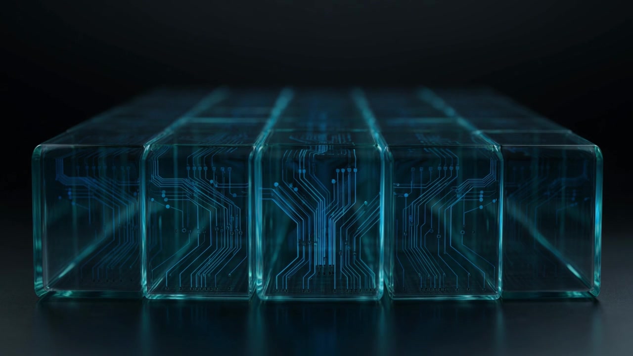 Futuristic Transparent Cubes with Animated Circuit Board Patterns