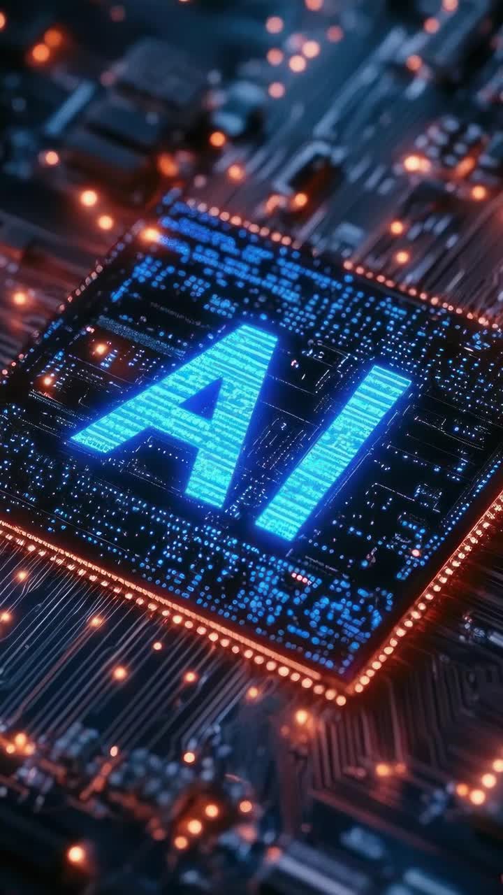 Aerial view of a glowing AI chip on a circuit board, showcasing futuristic technology