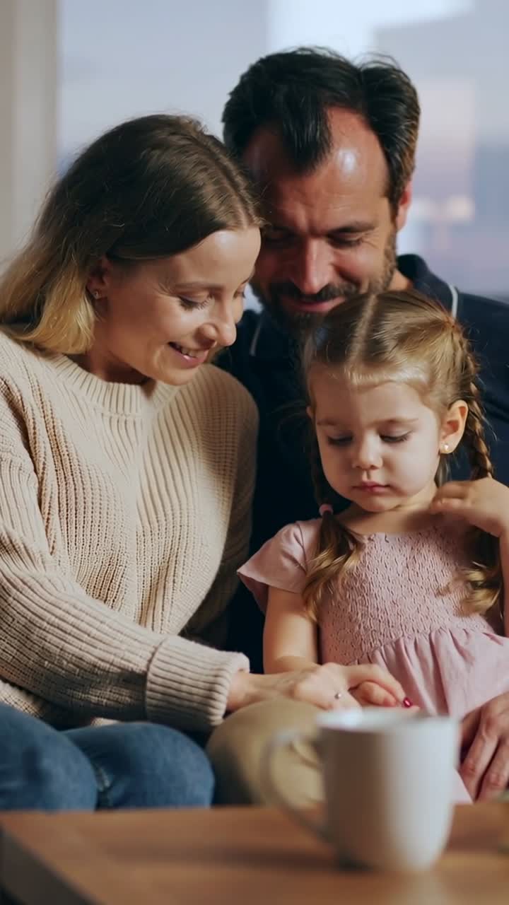 Famiglia felice con genitori e figlia che si rilassano a casa