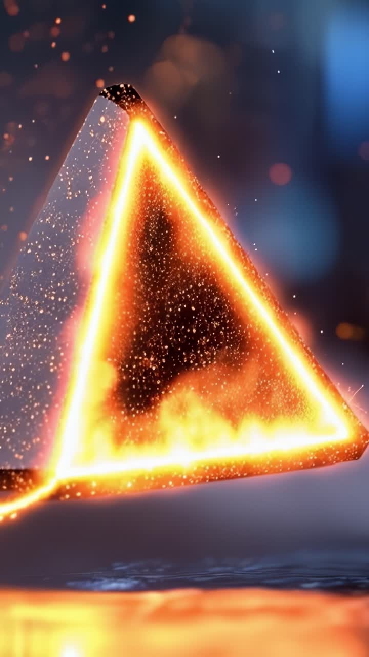 Forme geometriche luminose: un viaggio esplosivo di fuoco e luce attraverso la trasformazione di una piramide scintillante, da tremolante a una solida radiosità.