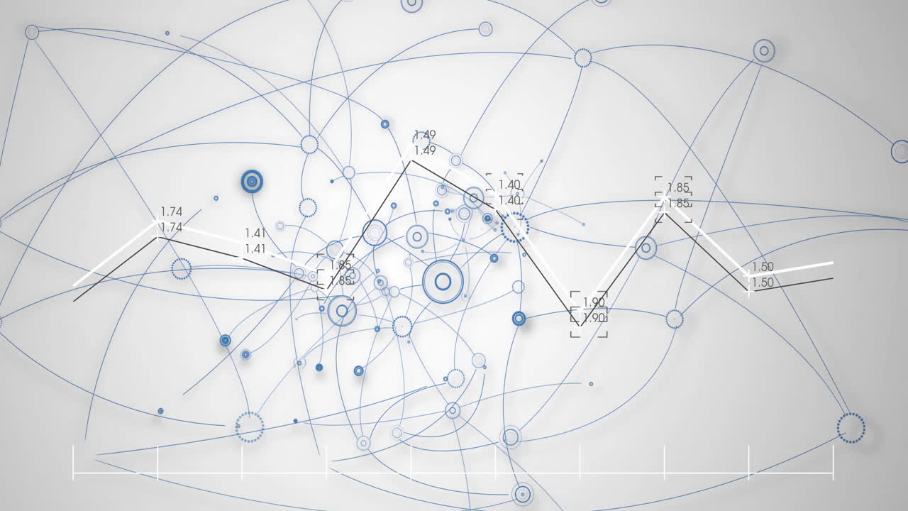 Animazione di connessioni di rete e punti dati su sfondo bianco con linee blu