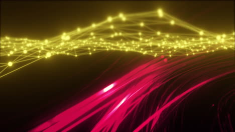 yellow network of connections and red flowing lines, data processing animation