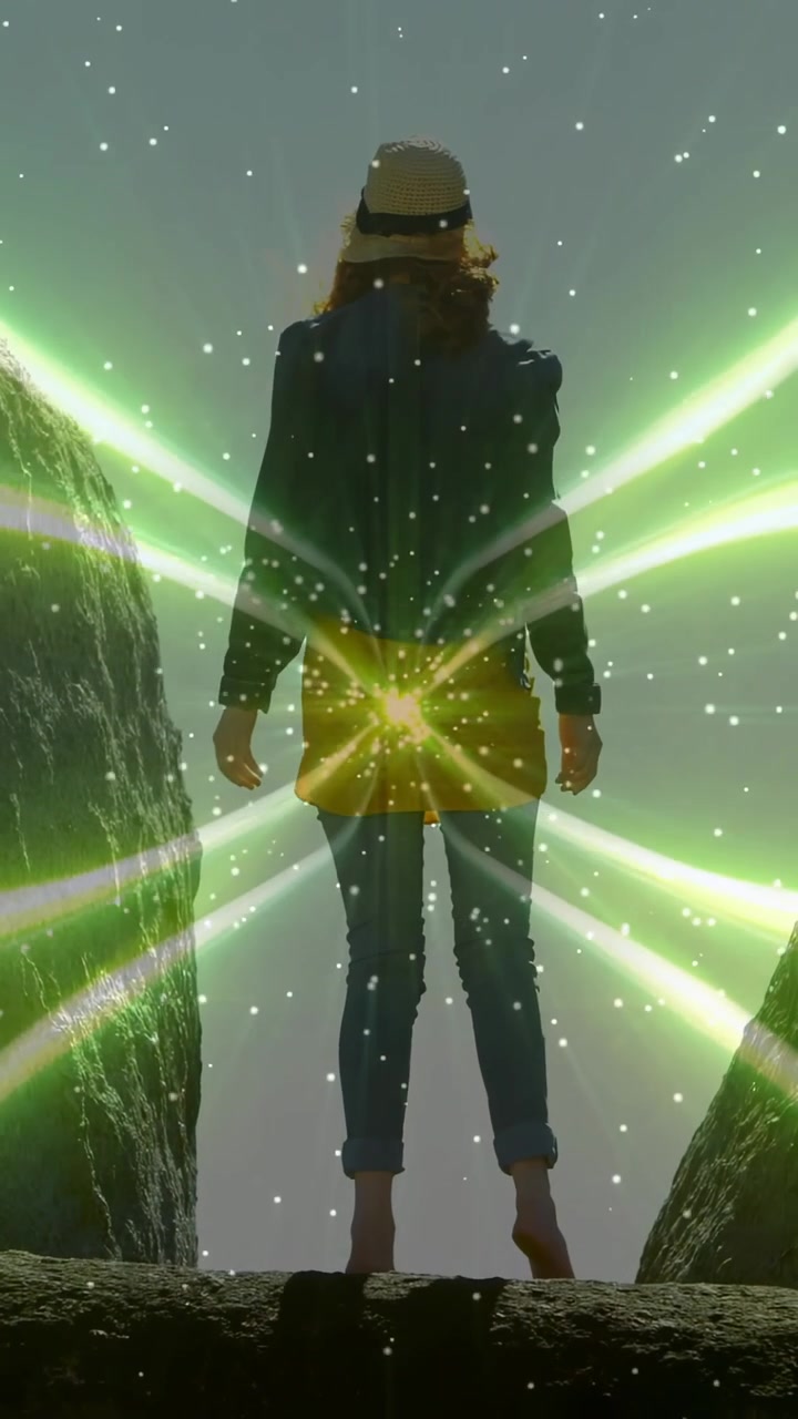 Vertical video: Entering, woman in hat jean jacket yellow top exploring gap, green light lifting