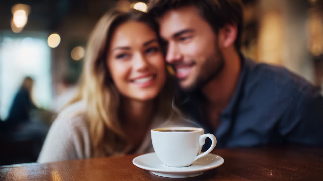 A Cozy Moment Over Coffee: Capturing the Warmth and Connection Between Two Smiling Individuals Enjoying Their Time Together in a Charming Caf? Setting with a Cup of Coffee in Focus