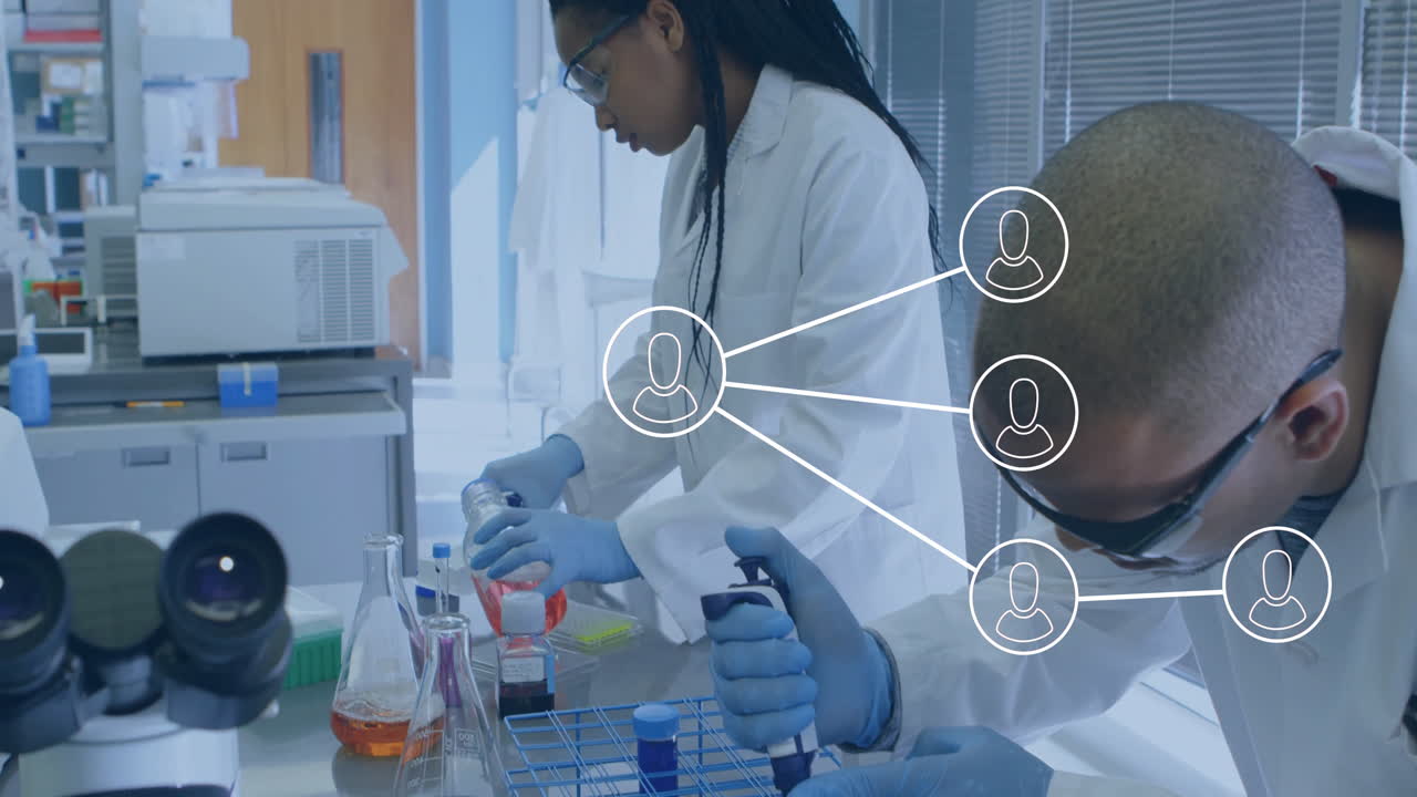 animación de las conexiones entre diversos científicos en el laboratorio
