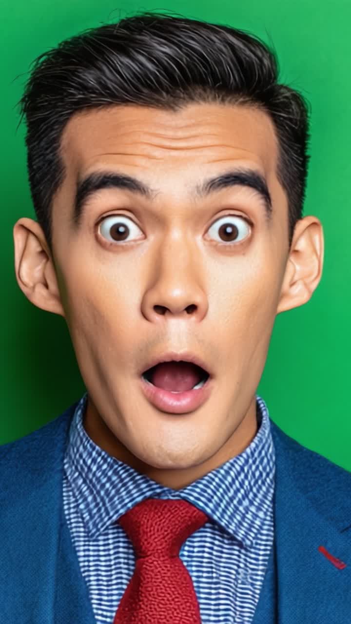 A Surprised Man Expresses a Wide Range of Emotions, Captured in Two Frames, Highlighting Initial Shock and Subsequent Curiosity on a Bright Green Background