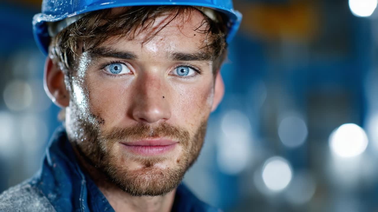 A Determined Worker in a Hard Hat: Close-Up of a Construction Professional with Striking Blue Eyes Amidst a Busy Industrial Environment