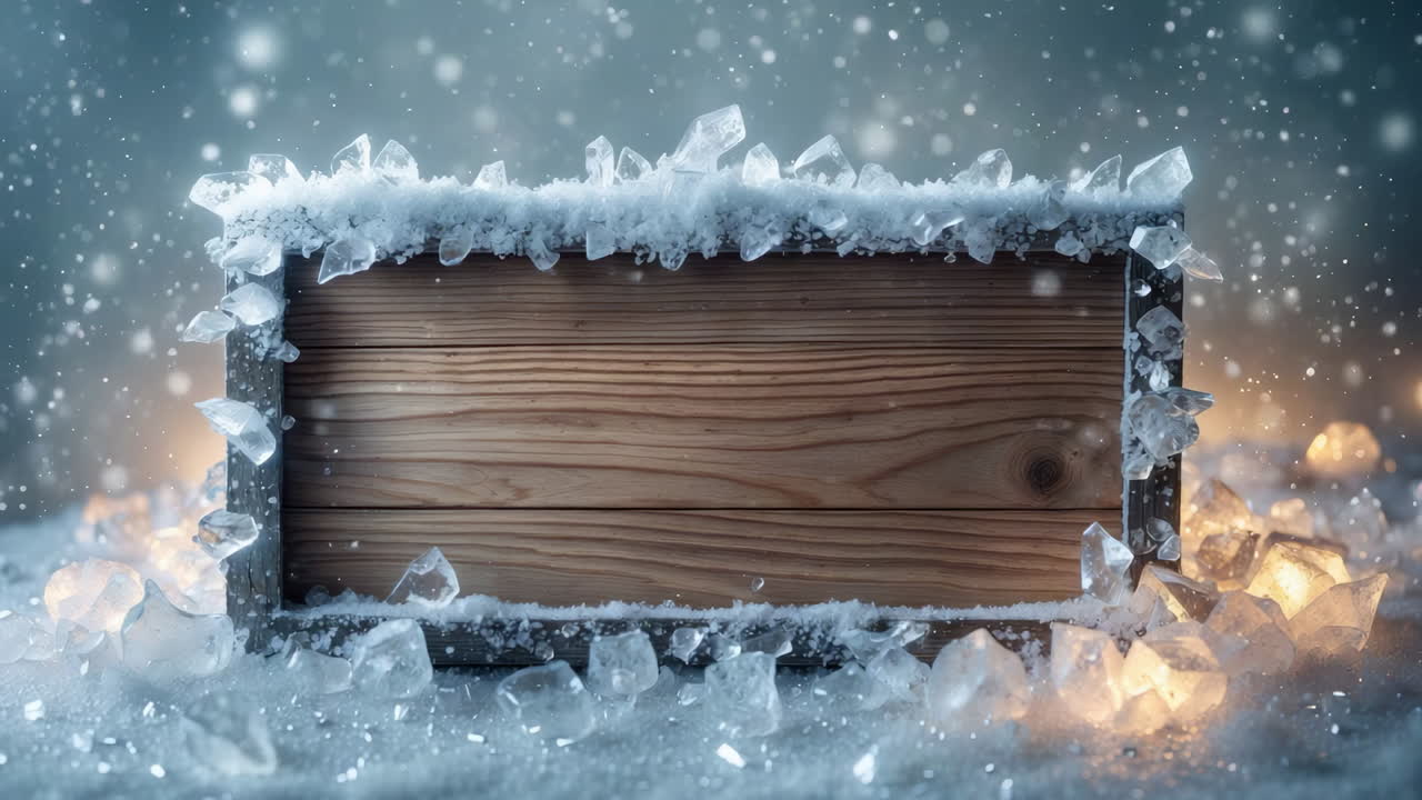 Winter Wooden Frame with Snow and Ice Crystals