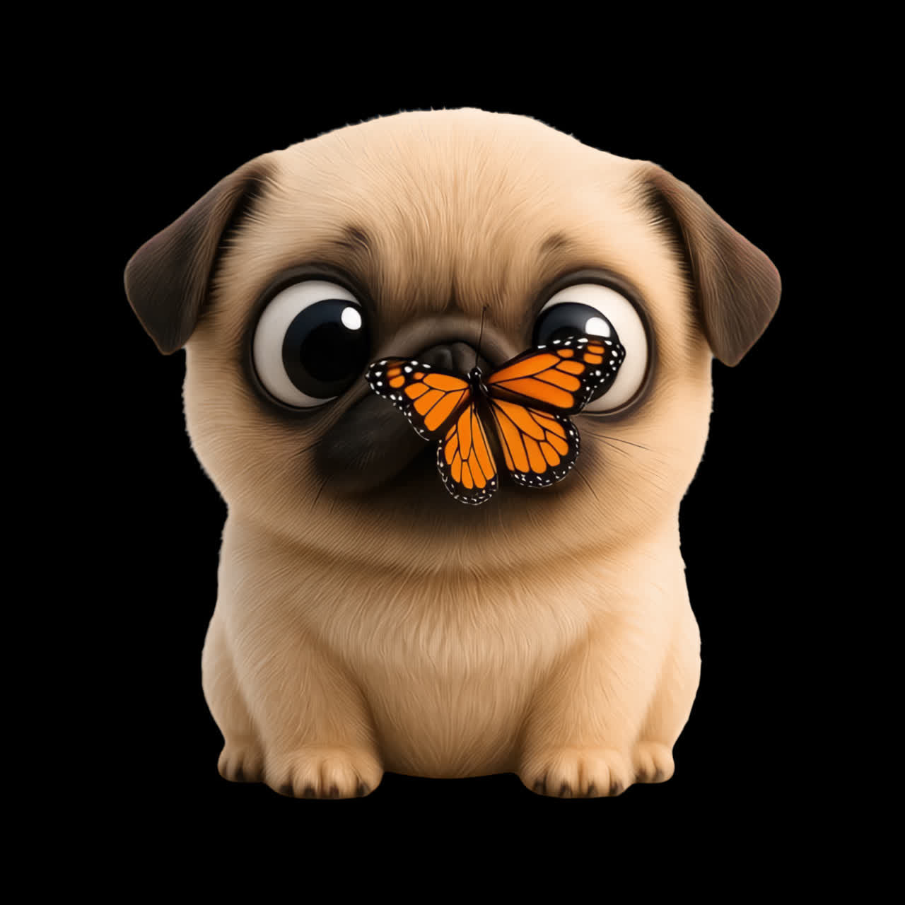 Cute pug butterfly encounter animation isolated asset, transparent 4K video, alpha channel, ProRes