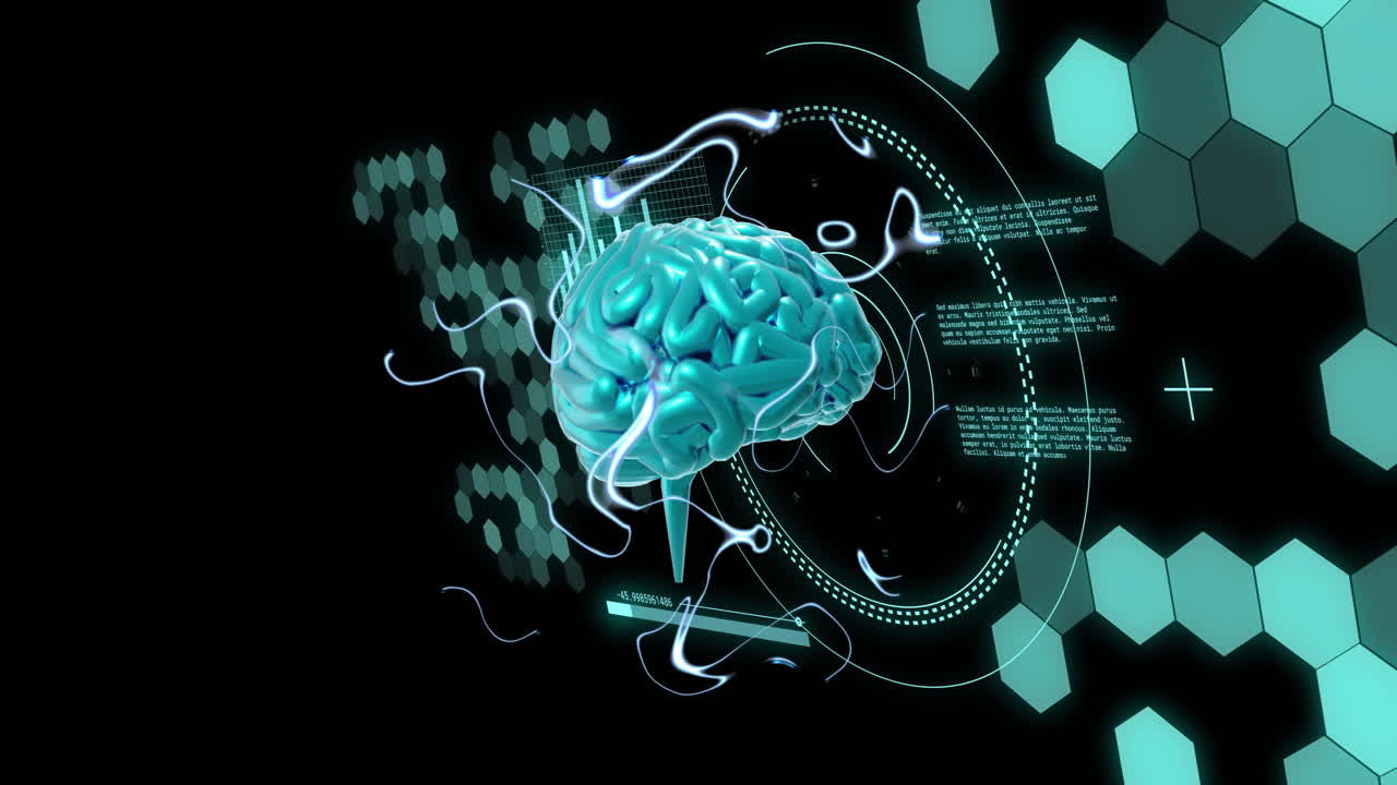 Animation of brain and scientific data processing over black background