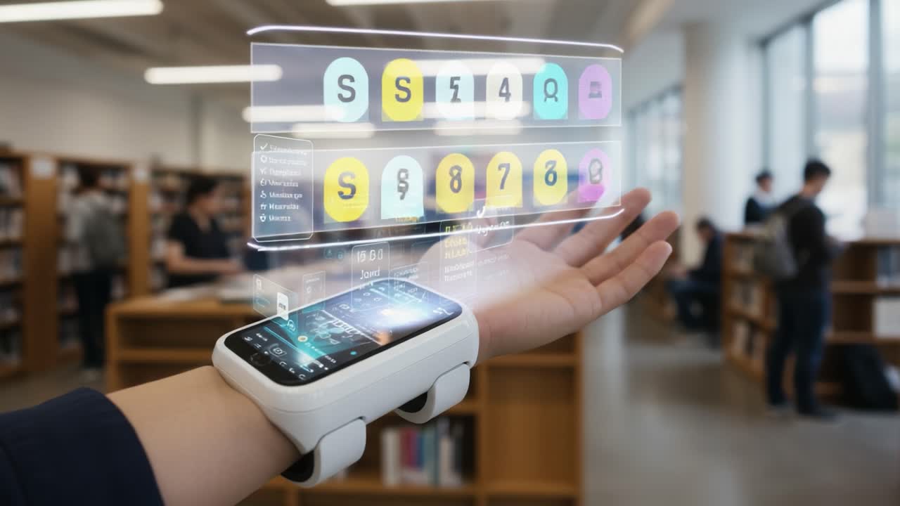 Innovative Wearable Technology: A Futuristic Smart Device on the Wrist Displays Interactive Data Interface in a Modern Library Environment