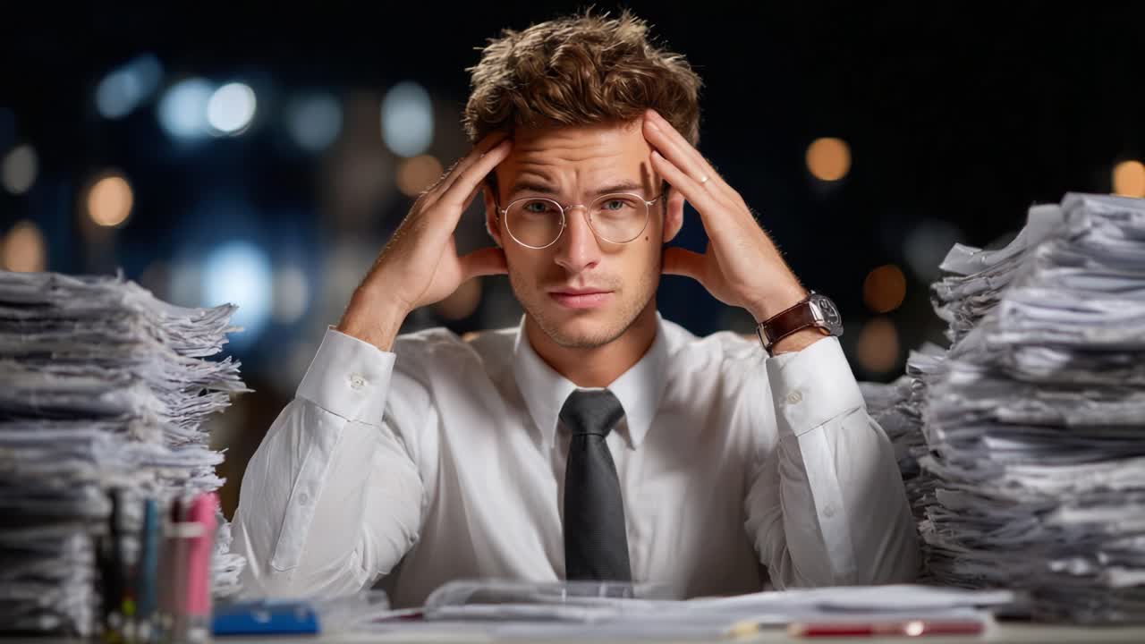 A young professional overwhelmed and stressed by an avalanche of paperwork, struggling to manage work-life balance in a high-pressure environment