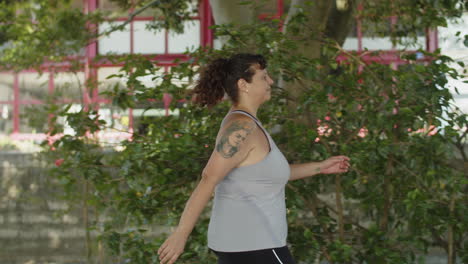 tracking shot of overweight woman walking fast outside