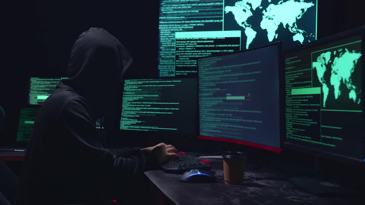 Hacker Using Multiple Computer Hacking And Success Downloading Data