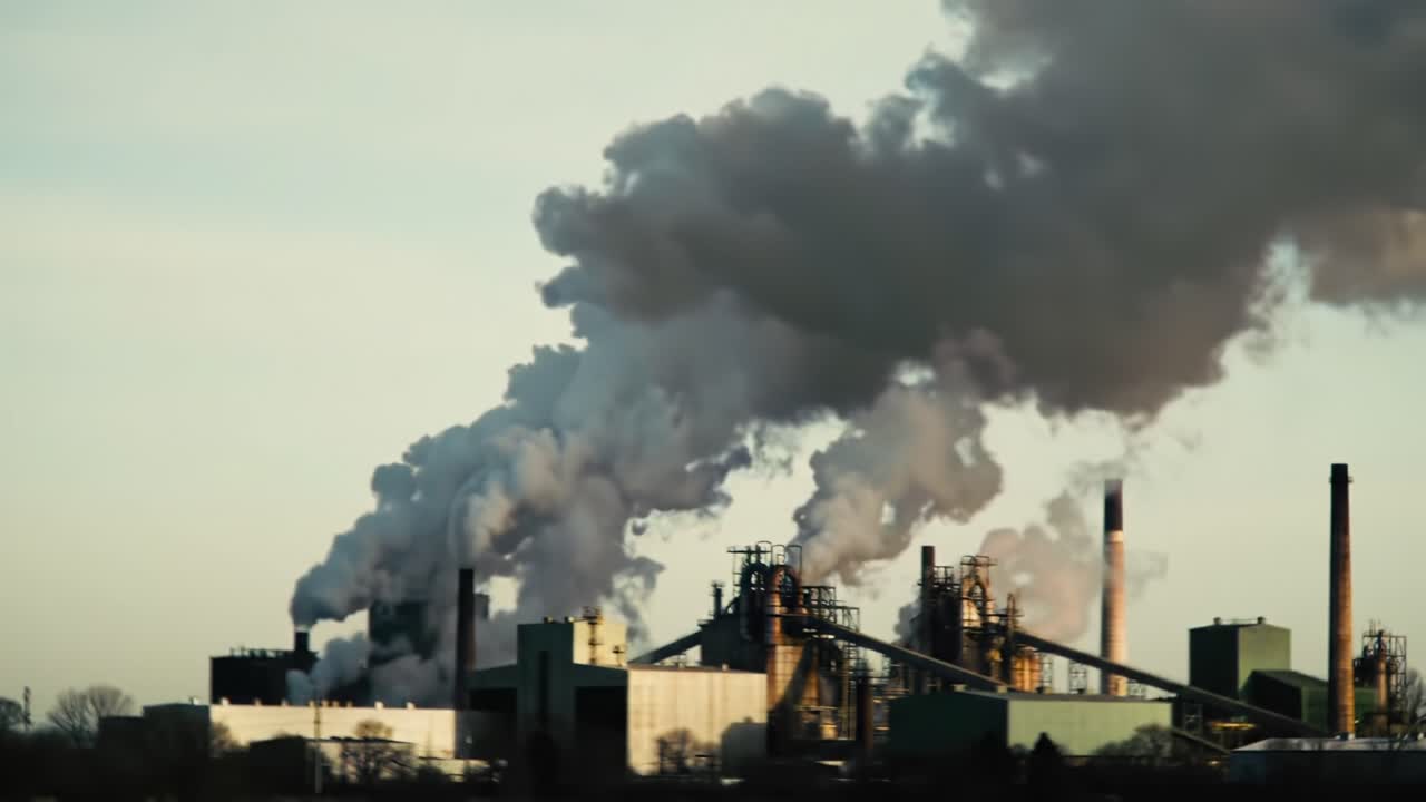 Industrial Scene with Emissions: A Visual Depiction of Pollution from a Factory Complex Surrounded by Smoke and Structures Under a Clear Sky