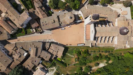 top down aerial of spoleto square townscape with santa maria assunta cathedral