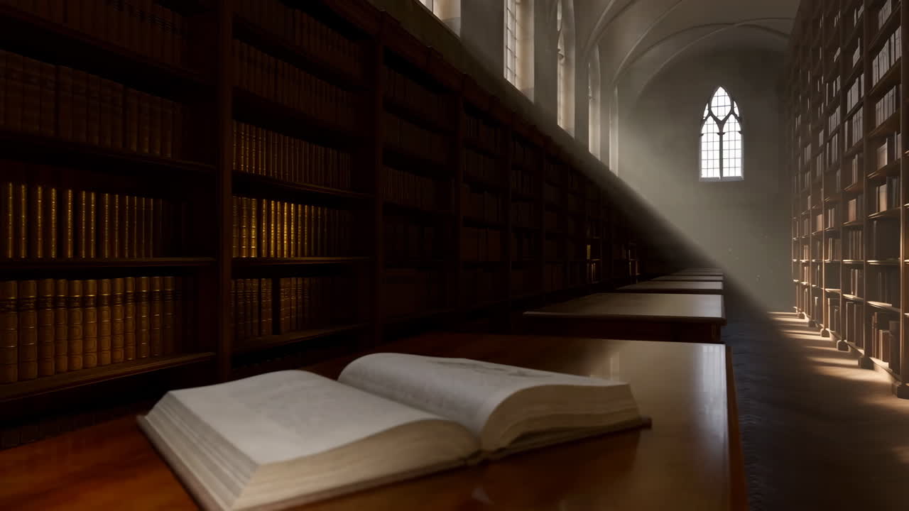 Ancient Library Hall with Sunlight and Open Book