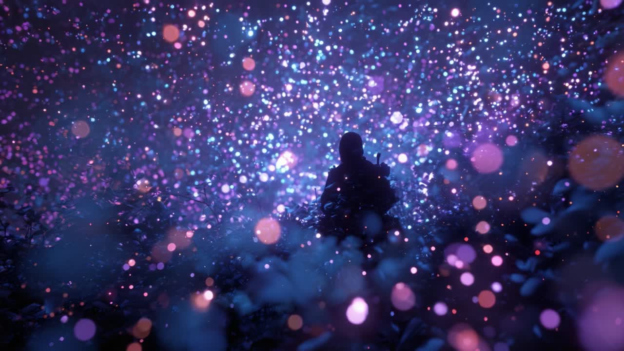 A mesmerizing journey through a surreal cosmic landscape, filled with a dazzling array of colorful particles and lights, captivating the beholder with its enchanting depth and beauty