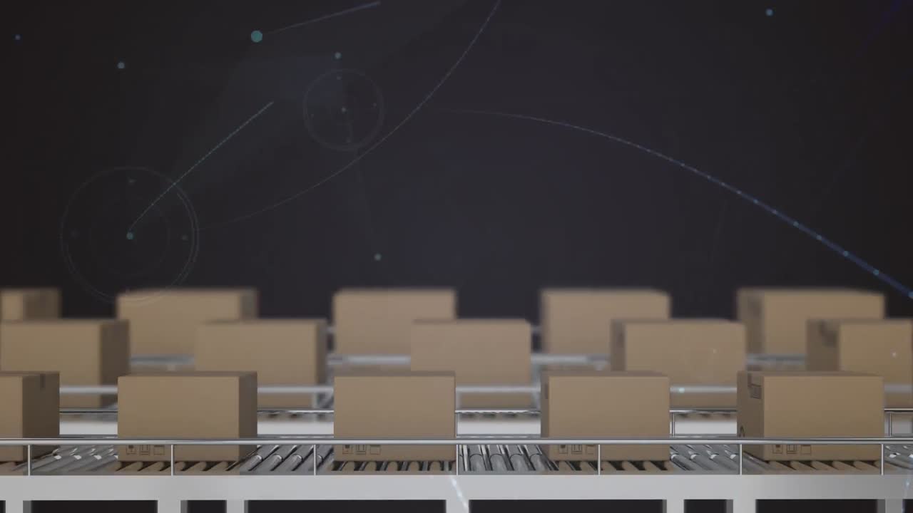 Animation of network of connections over boxes on conveyor belts in warehouse