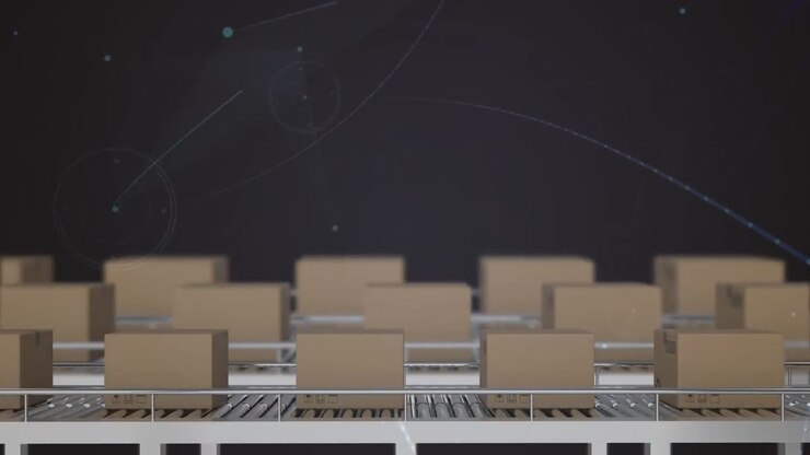 Animation of network of connections over boxes on conveyor belts in warehouse