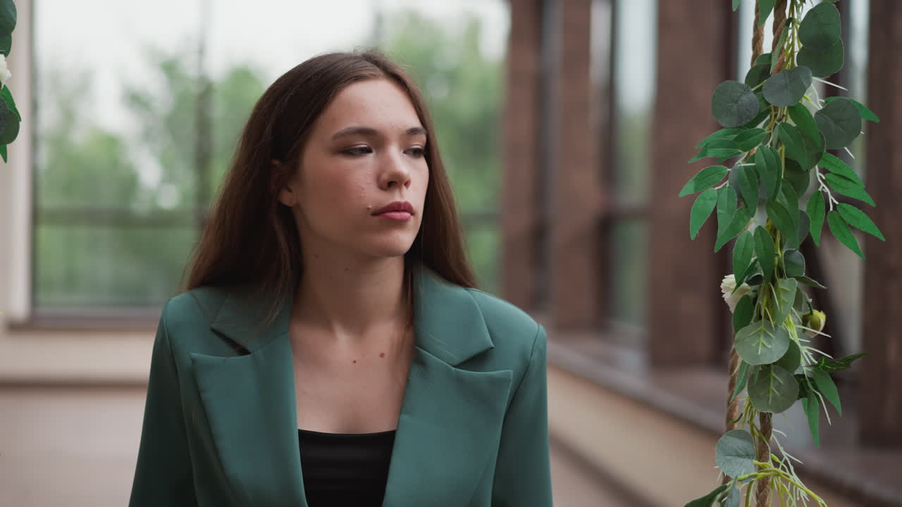 Woman in formal suit unwinds on swings. Businesswoman seeks relief from toll of relentless decision-making at work. Stress of intricate financial negotiations