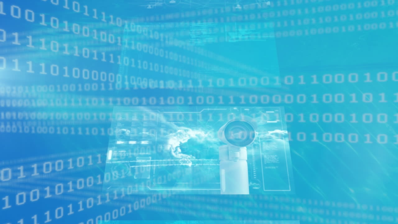 데이터 처리 및 바이너리 코딩의 애니메이션이 파란색 배경의 화면에 표시됩니다.