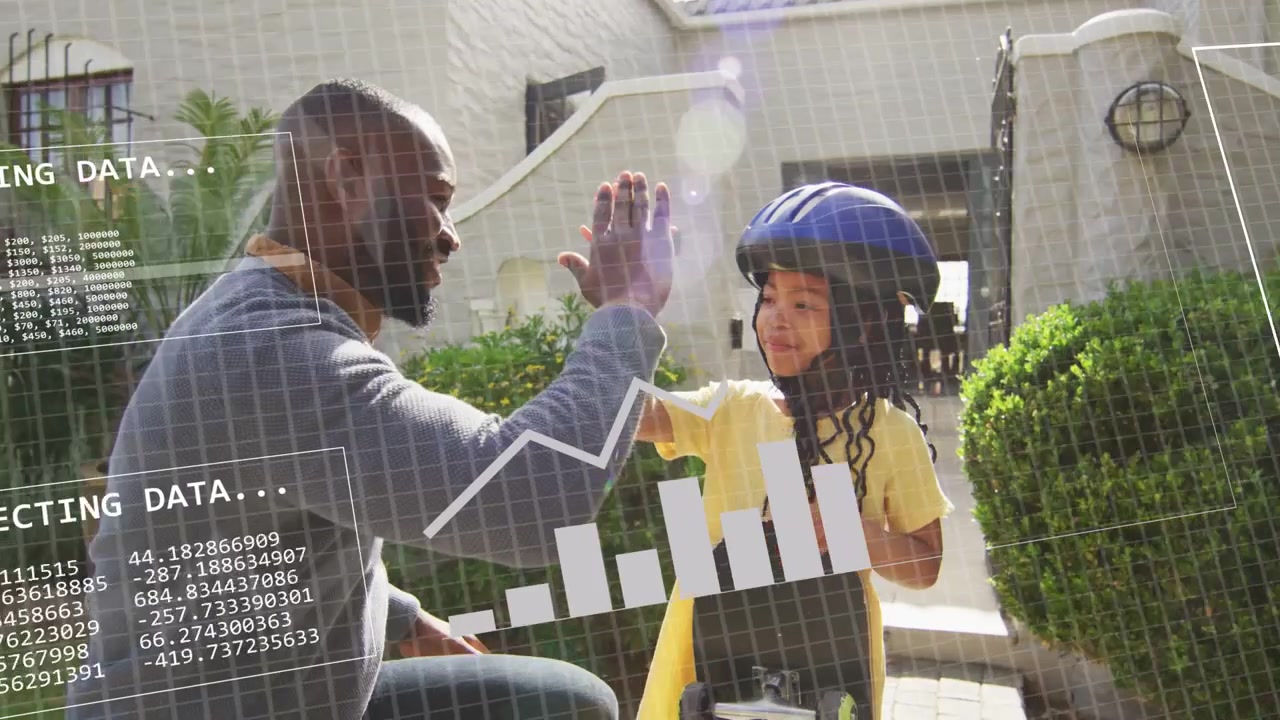 Dad kneeling adjusting girl with board, blue helmet, checking safety, HUD overlay covering subjects