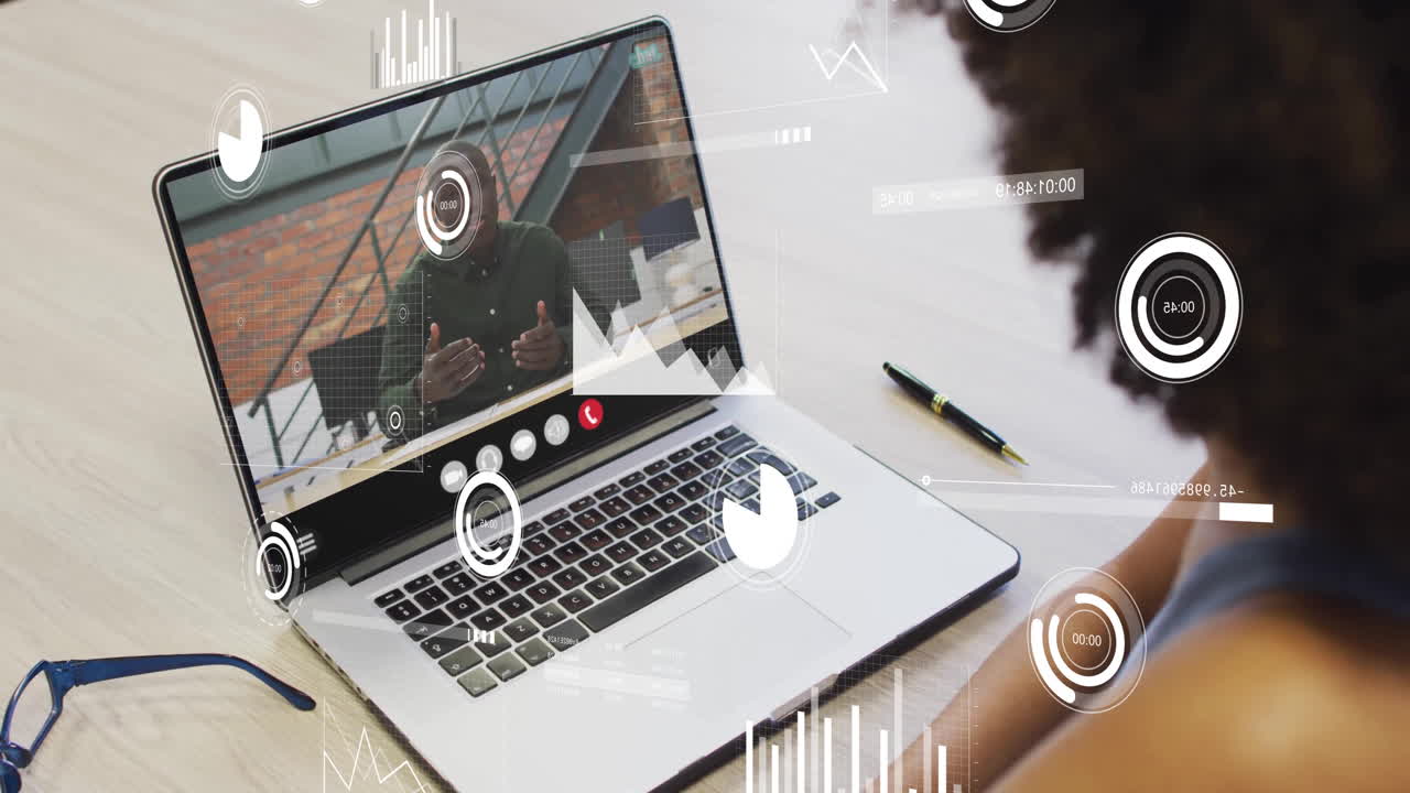 Using animation, person in video call with data analytics on laptop screen