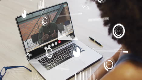 using animation, person in video call with data analytics on laptop screen
