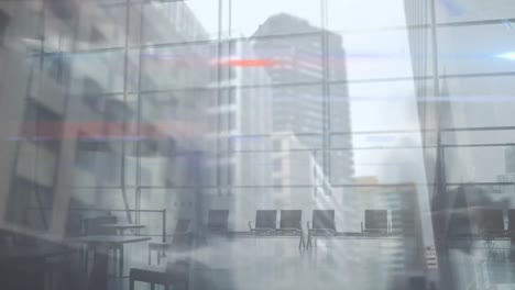 animation of business people walking in fast pace over cityscape