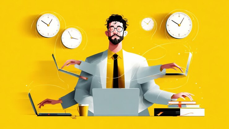 An Animated Representation of Modern Multitasking: A Professional in a Bright Yellow Environment Juggles Multiple Laptops, Clocks, and Tasks with Ease and Confidence