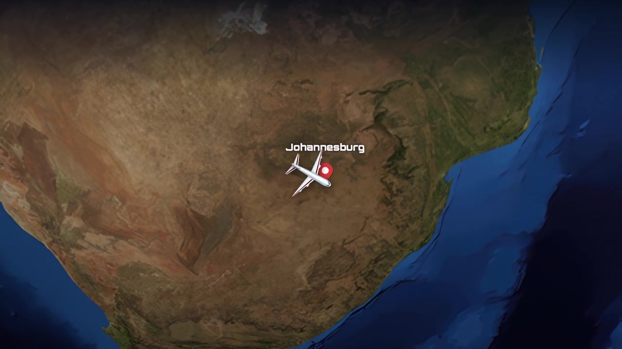 Satellite view animation follows an airplane flying from Denver across the Atlantic to Johannesburg