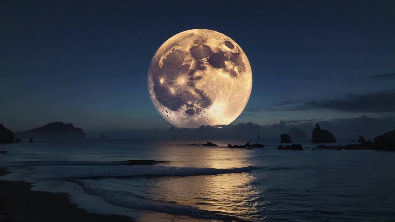 Lua enorme nascendo, projetando um reflexo cintilante sobre o oceano ao anoitecer, iluminando areia molhada e rochas.
