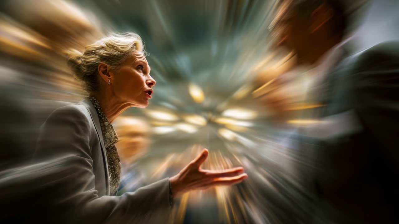 Intense Discussion Captured in Sequential Frames: The Dynamic Expressions and Gestures of a Woman Engaged in a Heated Conversation with Blurred Background Activity