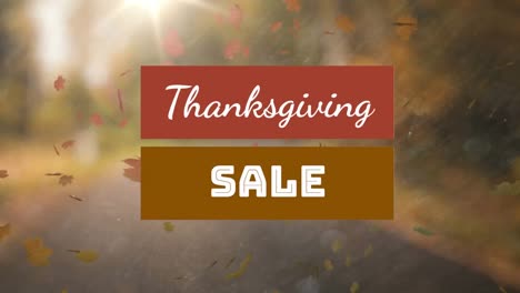 thanksgiving sale text banner against maple leaves floating against forest pathway