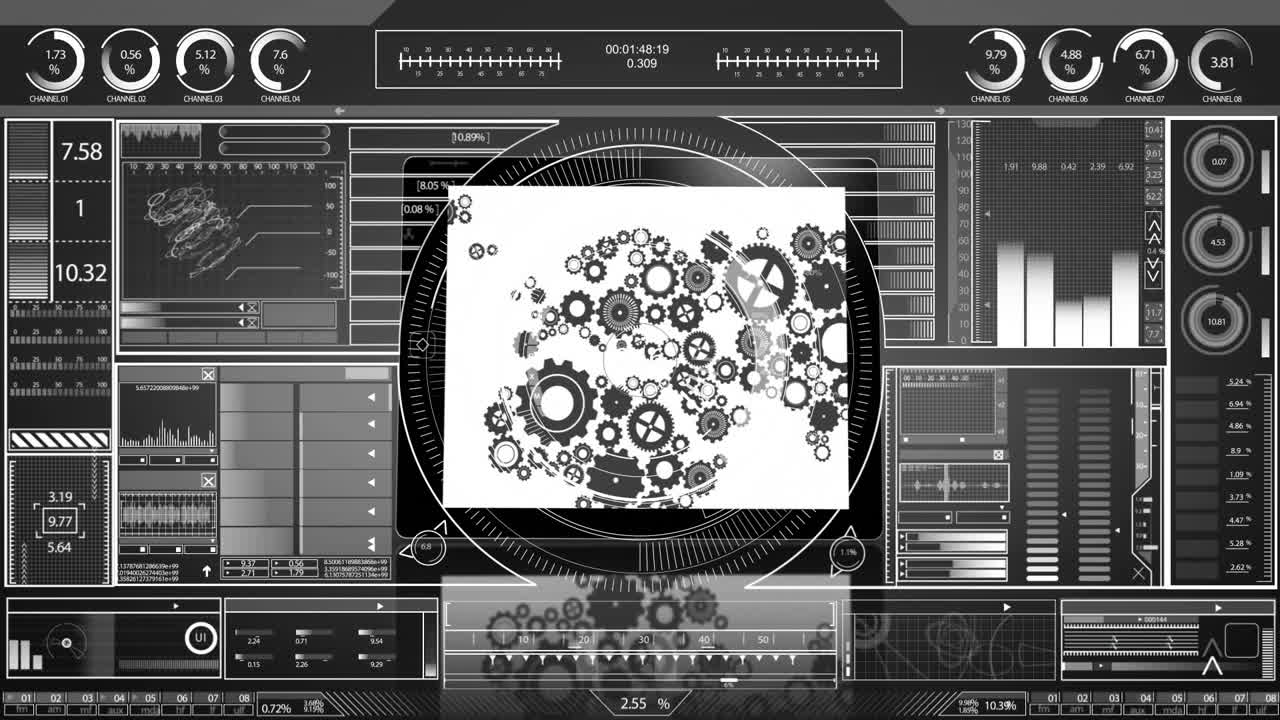 Steampunk gears and cogs animation over futuristic control panel interface
