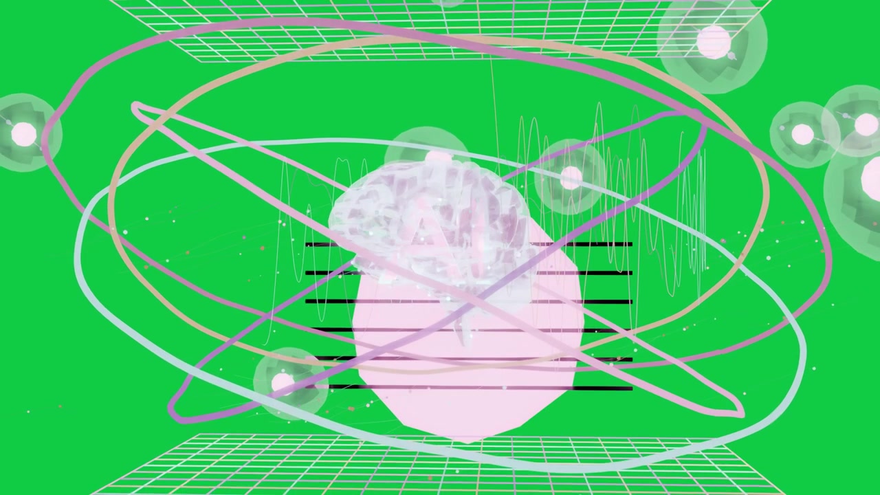 Pembe bir parıltı yayarak yükselen holografik büst, dönen halkalar ve hareket eden kürelerle şeffaf bir tuvalde ayrıntıları gösteriyor.