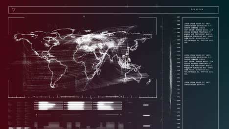 Animation-of-interface-with-data-processing-over-world-map-against-purple-gradient-background