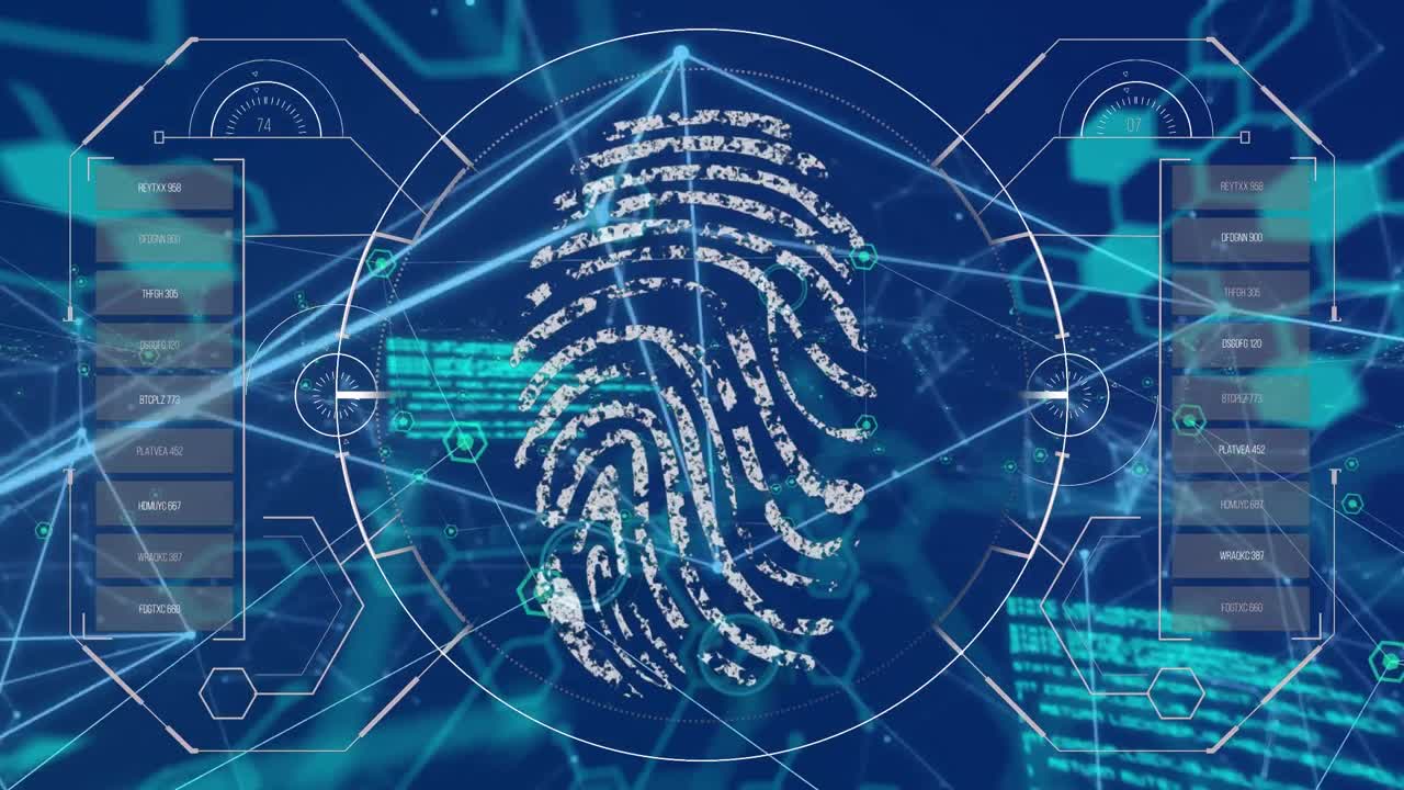 animación del sistema de seguridad biónica de huellas dactilares sobre pantalla azul con diversos datos