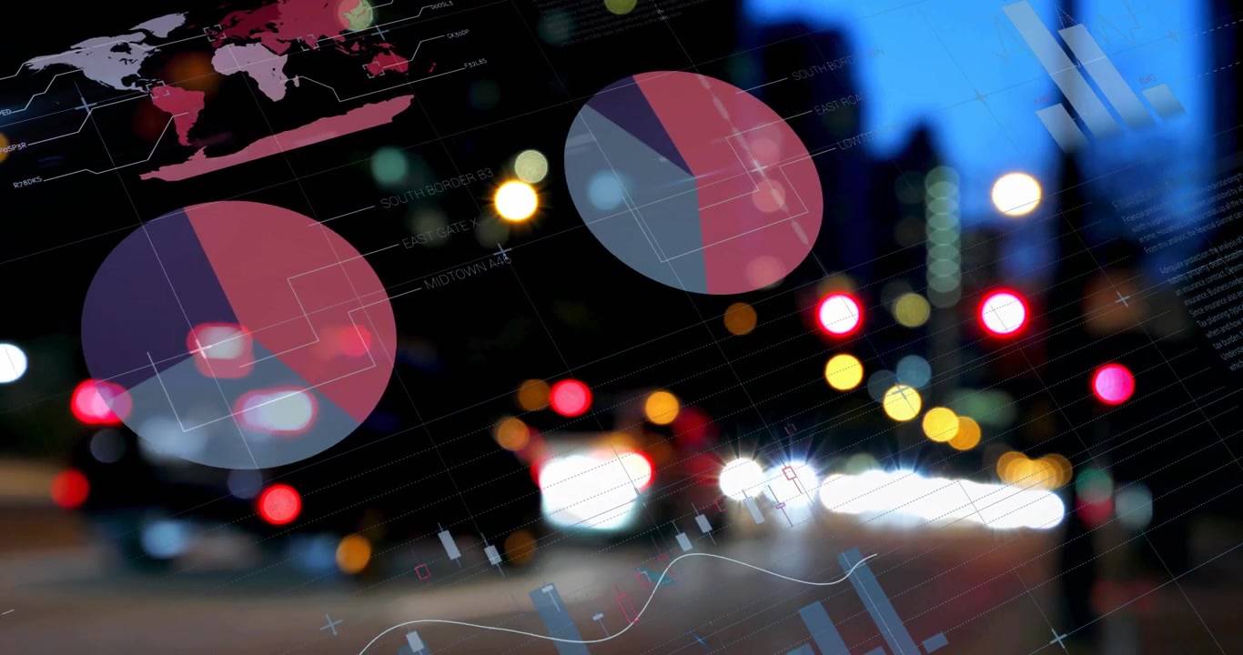 Animación de gráficos circulares y mapa mundial sobre luces urbanas difuminadas de noche.
